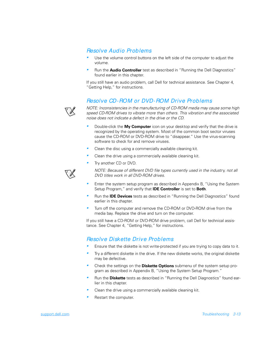 Dell 5000 manual Resolve Audio Problems, Resolve CD-ROM or DVD-ROM Drive Problems, Resolve Diskette Drive Problems 
