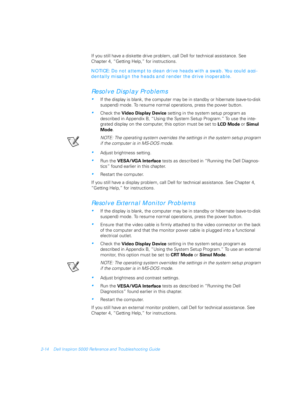 Dell 5000 manual Resolve Display Problems, Resolve External Monitor Problems 