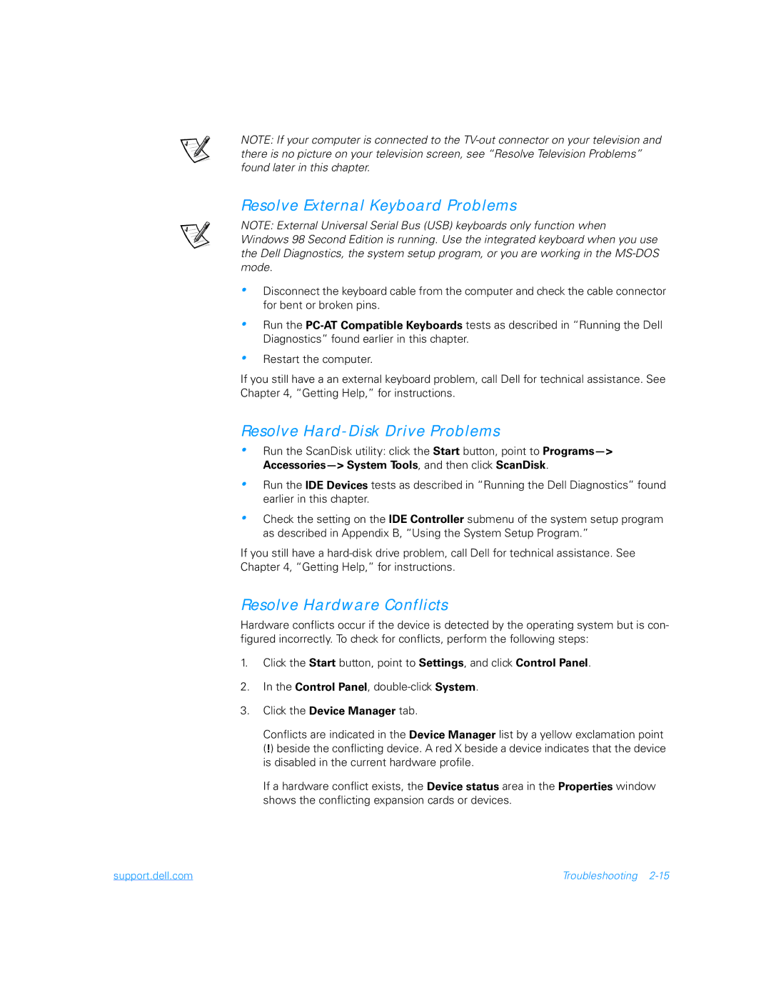 Dell 5000 manual Resolve External Keyboard Problems, Resolve Hard-Disk Drive Problems, Resolve Hardware Conflicts 