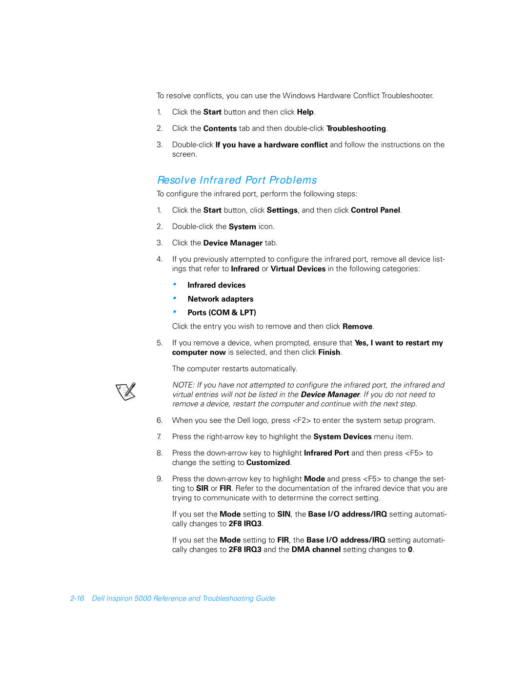 Dell 5000 manual Resolve Infrared Port Problems, Infrared devices Network adapters Ports COM & LPT 