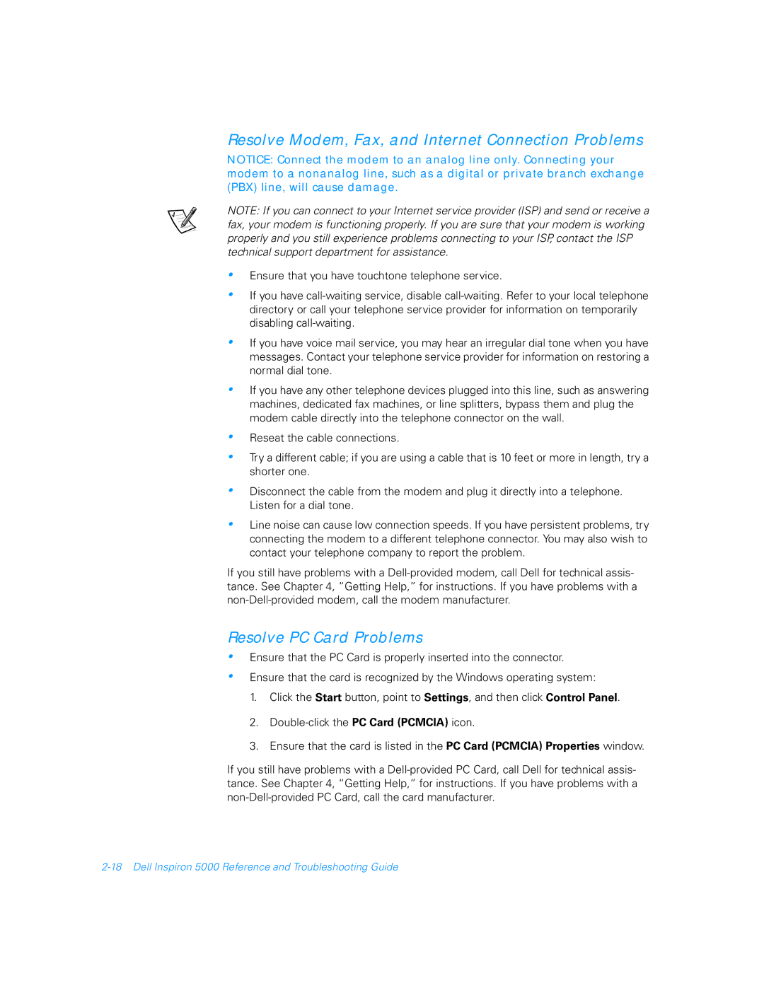 Dell 5000 manual Resolve Modem, Fax, and Internet Connection Problems, Resolve PC Card Problems 