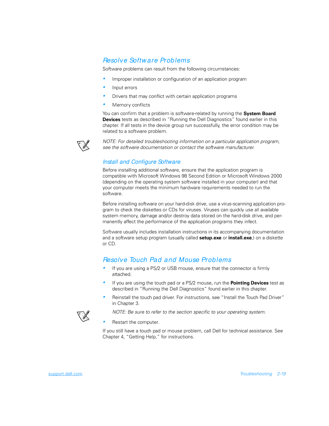 Dell 5000 manual Resolve Software Problems, Resolve Touch Pad and Mouse Problems 