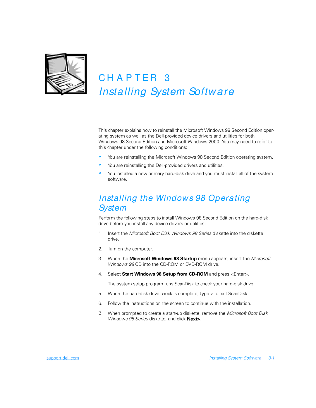 Dell 5000 manual Installing System Software, Installing the Windows 98 Operating System 