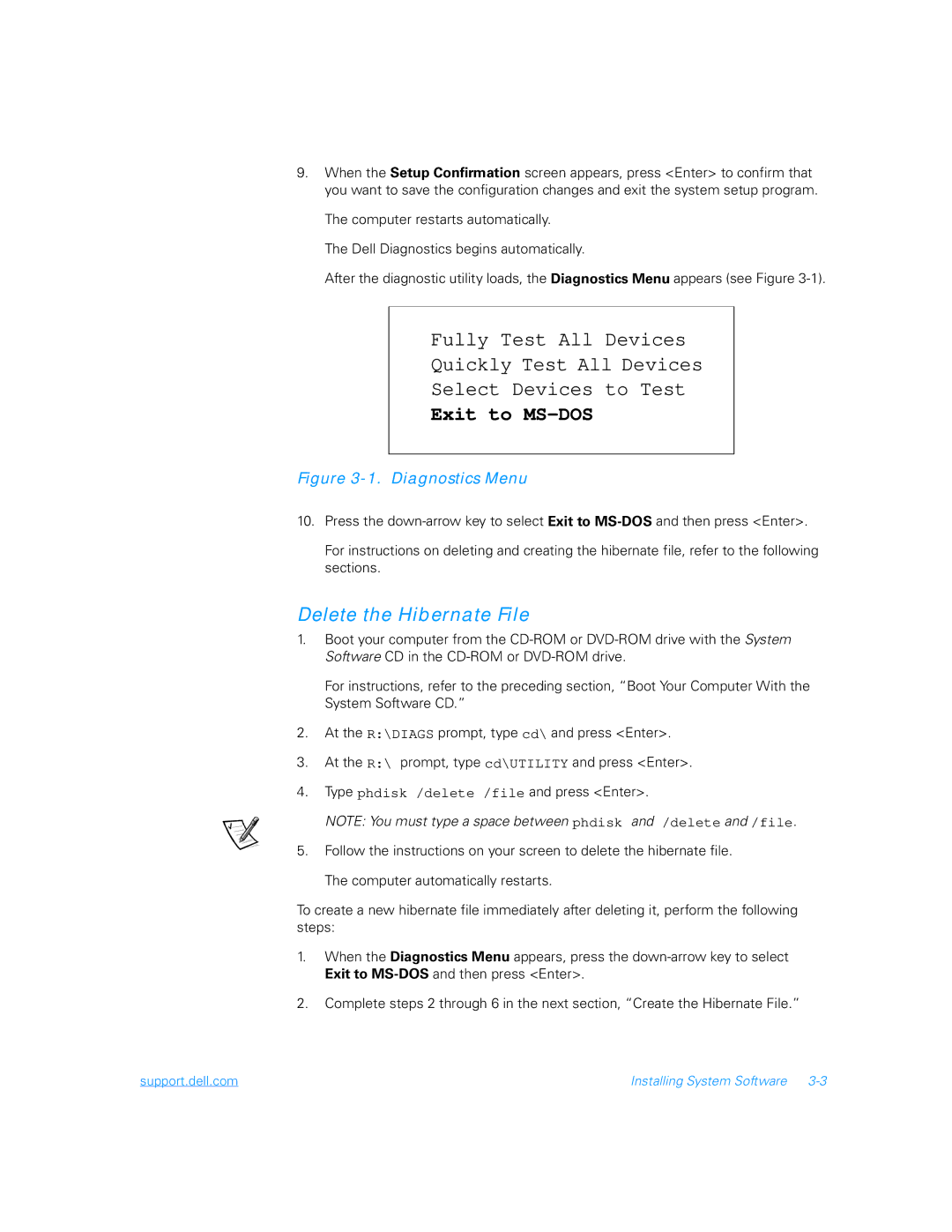 Dell 5000 manual Exit to MS-DOS, Delete the Hibernate File 