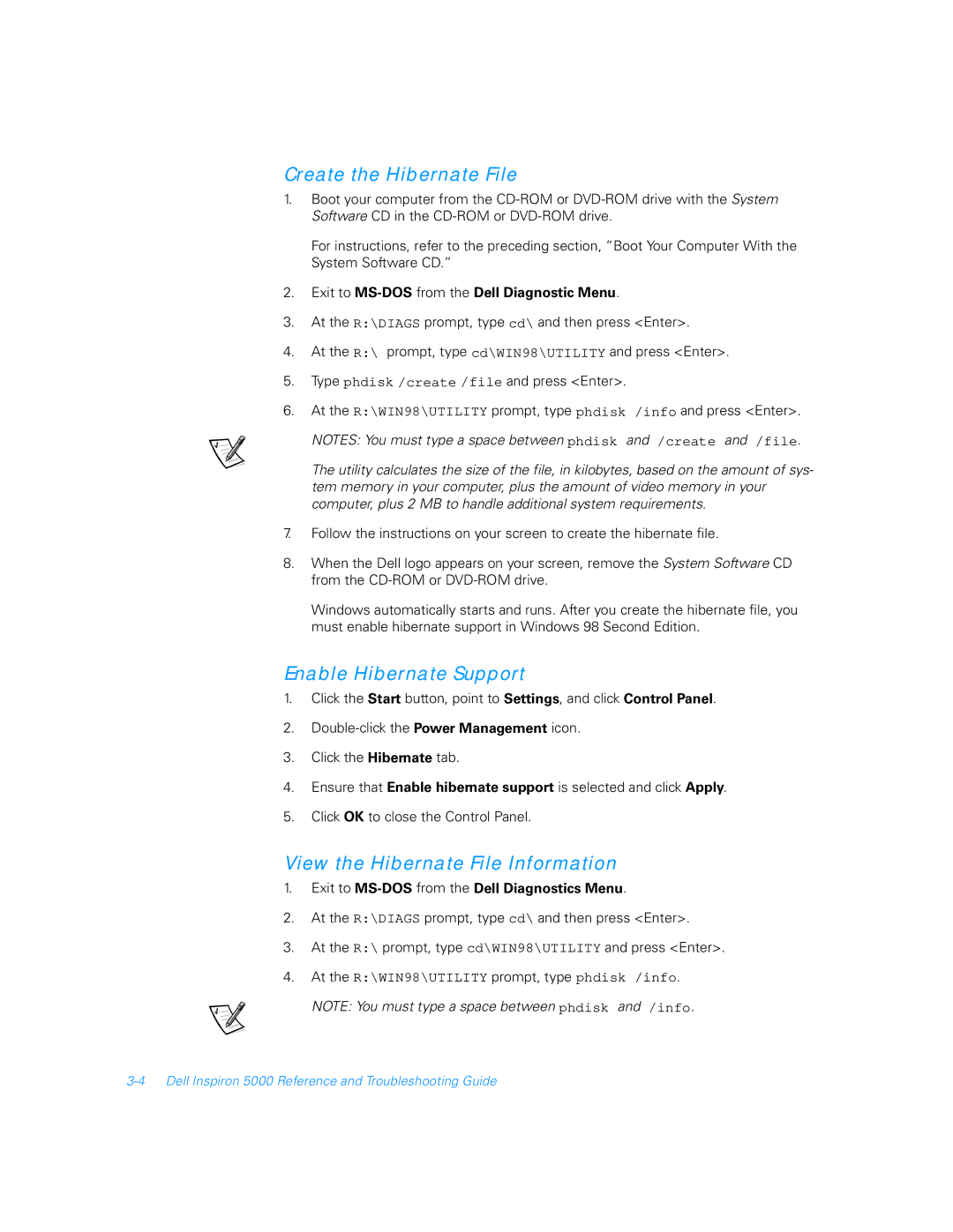 Dell 5000 manual Create the Hibernate File, Enable Hibernate Support, View the Hibernate File Information 