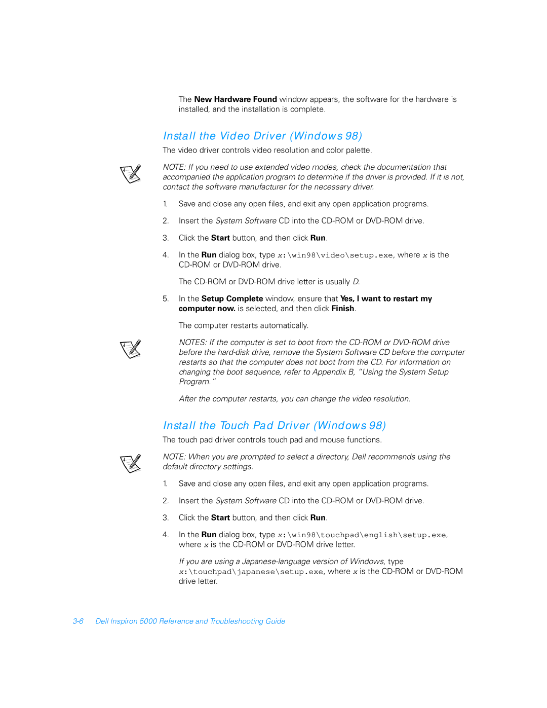 Dell 5000 manual Install the Video Driver Windows, Install the Touch Pad Driver Windows 