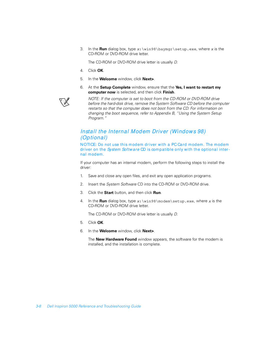 Dell 5000 manual Install the Internal Modem Driver Windows 98 Optional 