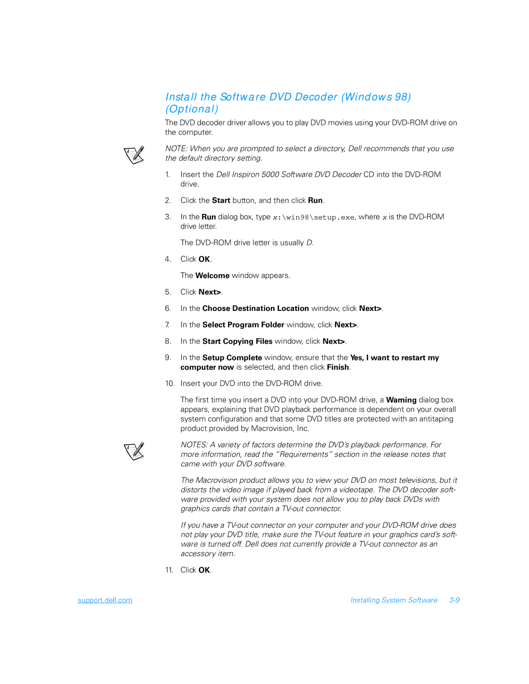 Dell 5000 manual Install the Software DVD Decoder Windows 98 Optional 