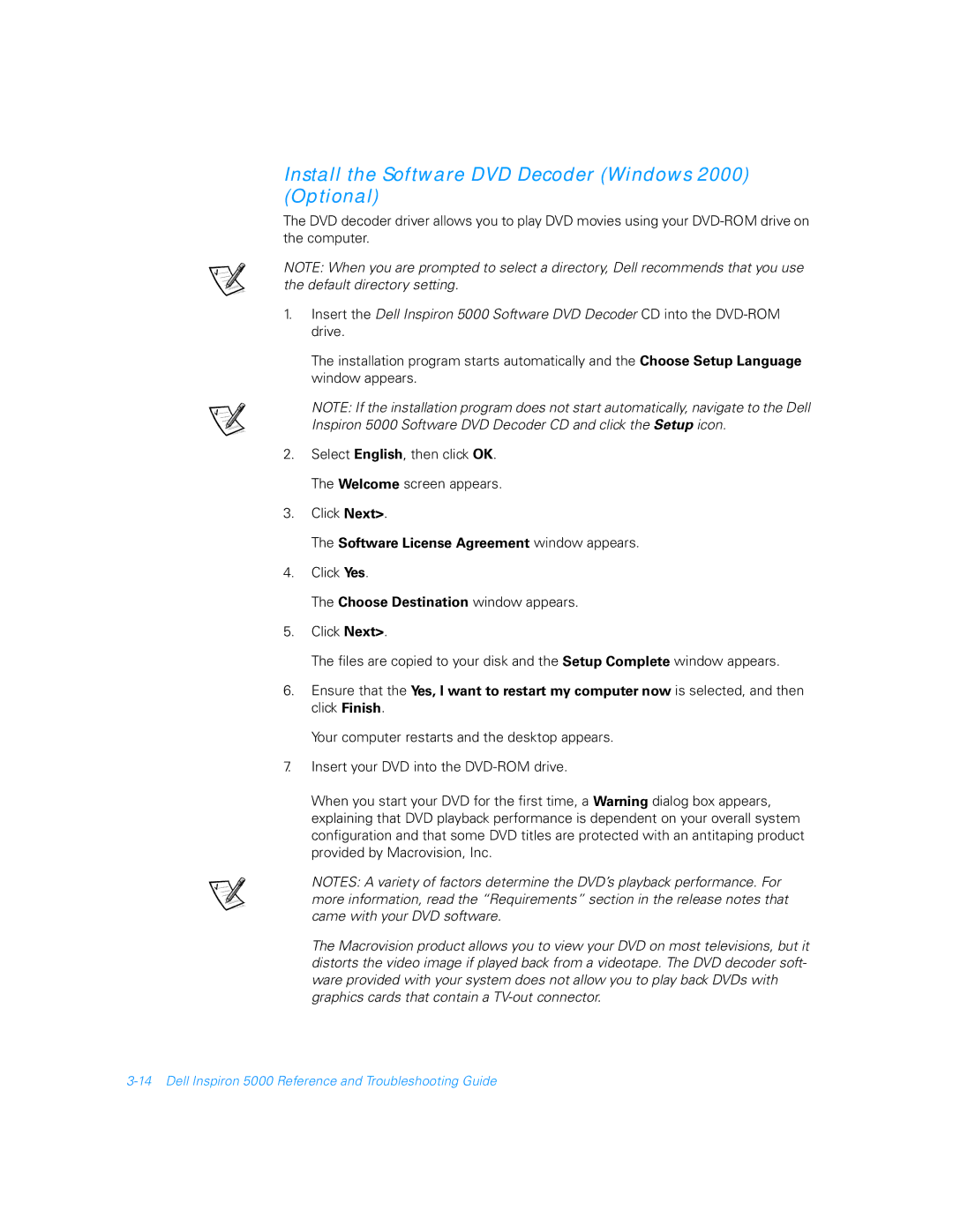 Dell 5000 manual Install the Software DVD Decoder Windows 2000 Optional, Software License Agreement window appears 