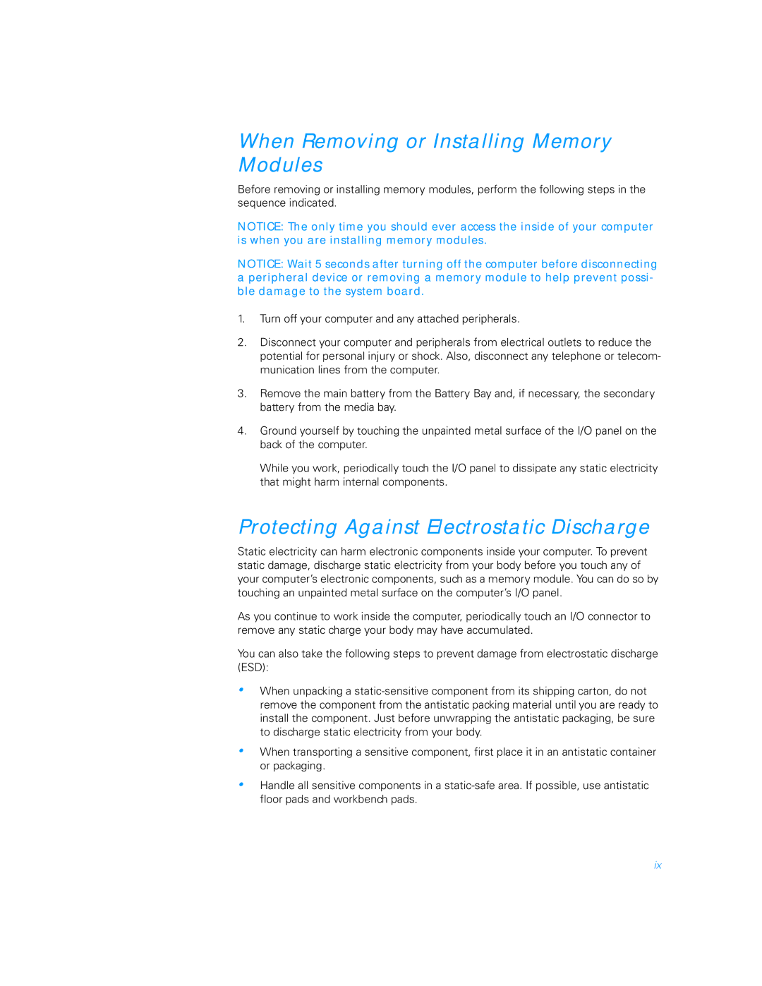 Dell 5000 manual When Removing or Installing Memory Modules, Protecting Against Electrostatic Discharge 