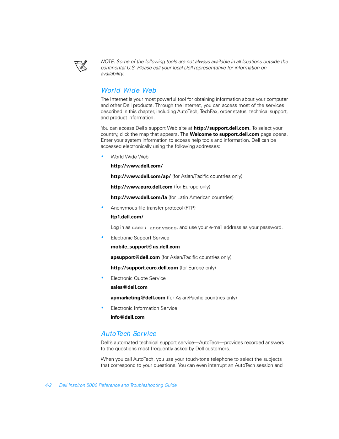 Dell 5000 manual World Wide Web, AutoTech Service 