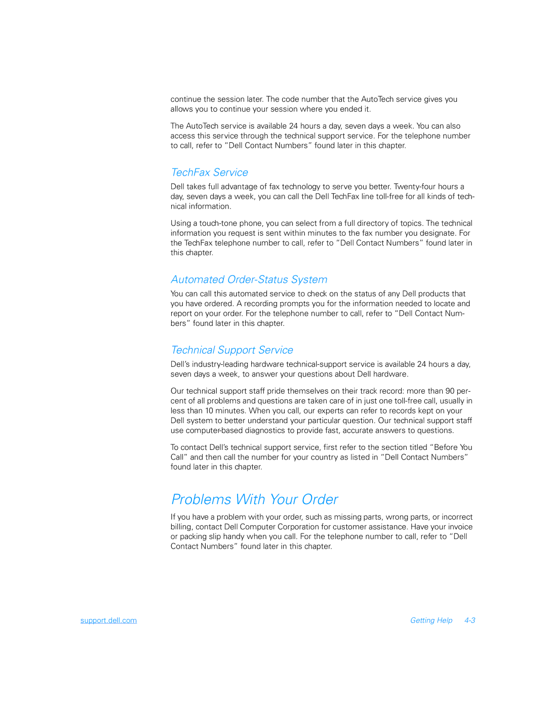 Dell 5000 manual Problems With Your Order, TechFax Service, Automated Order-Status System, Technical Support Service 