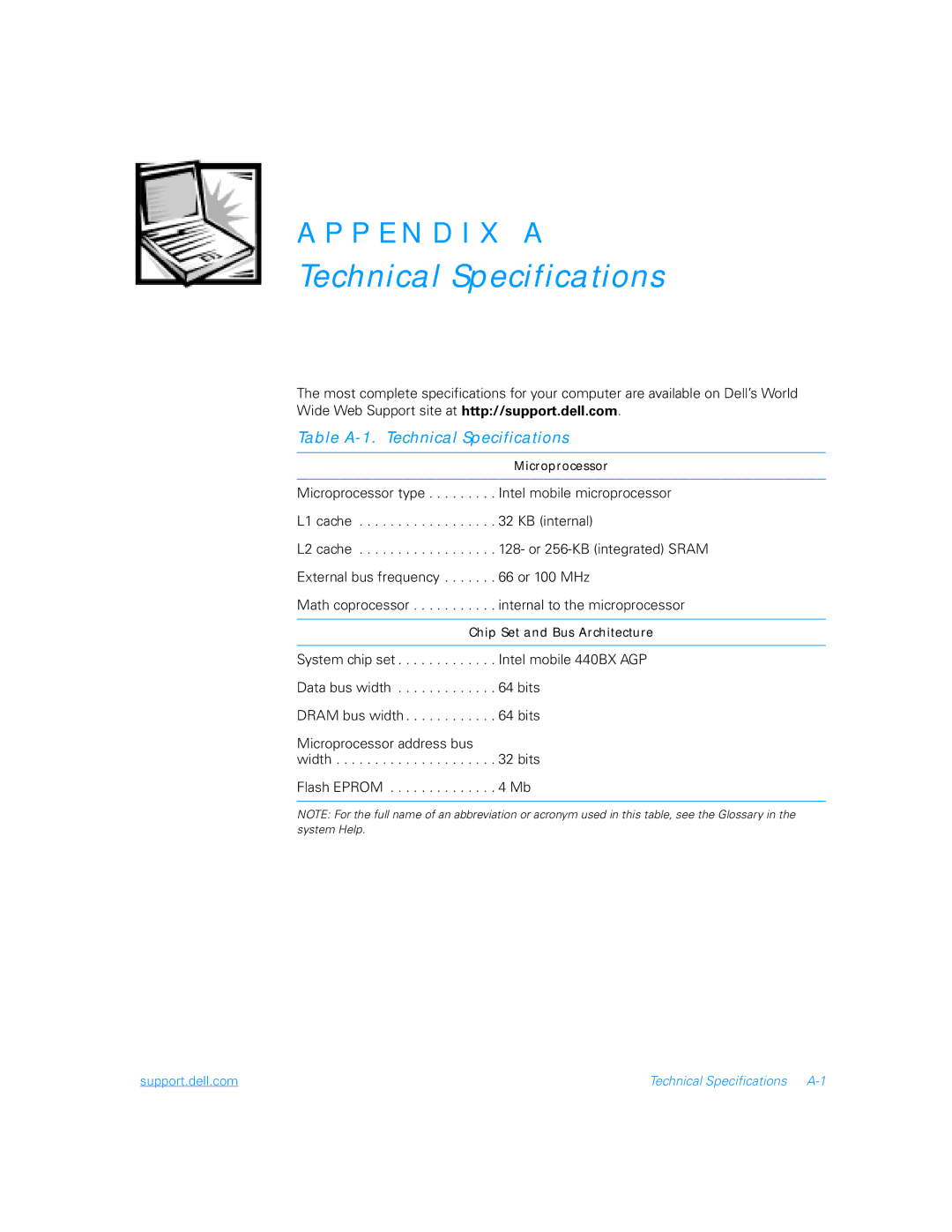 Dell 5000 manual Table A-1. Technical Specifications 