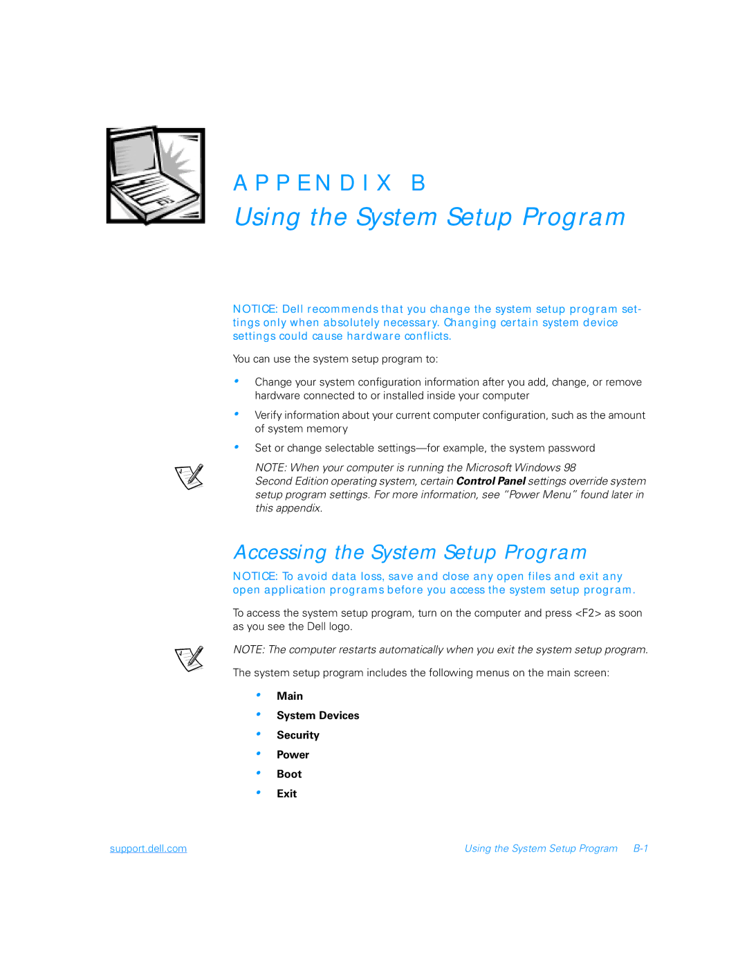 Dell 5000 Using the System Setup Program, Accessing the System Setup Program, Main System Devices Security Power Boot Exit 