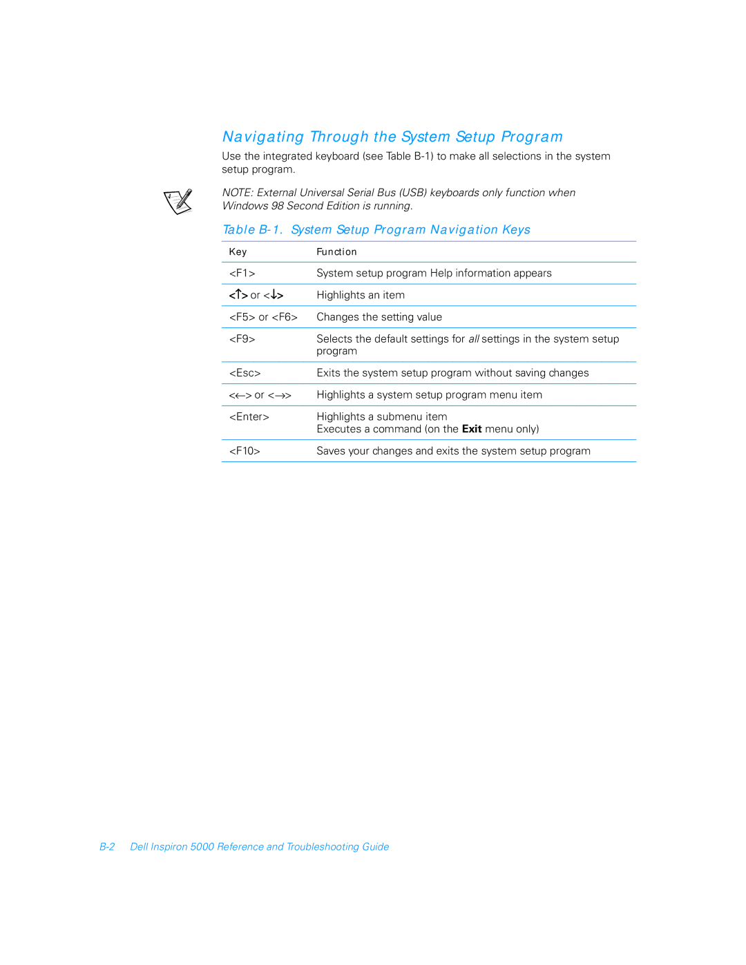 Dell 5000 manual Navigating Through the System Setup Program, Table B-1. System Setup Program Navigation Keys 