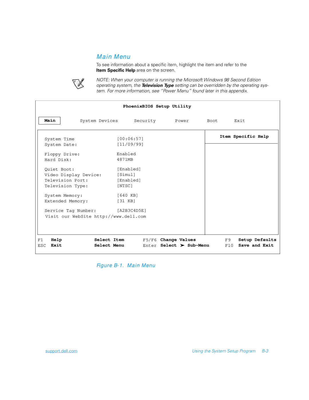 Dell 5000 manual Main Menu, Item Specific Help 