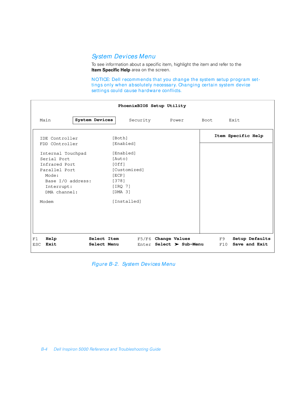 Dell 5000 manual Figure B-2. System Devices Menu 