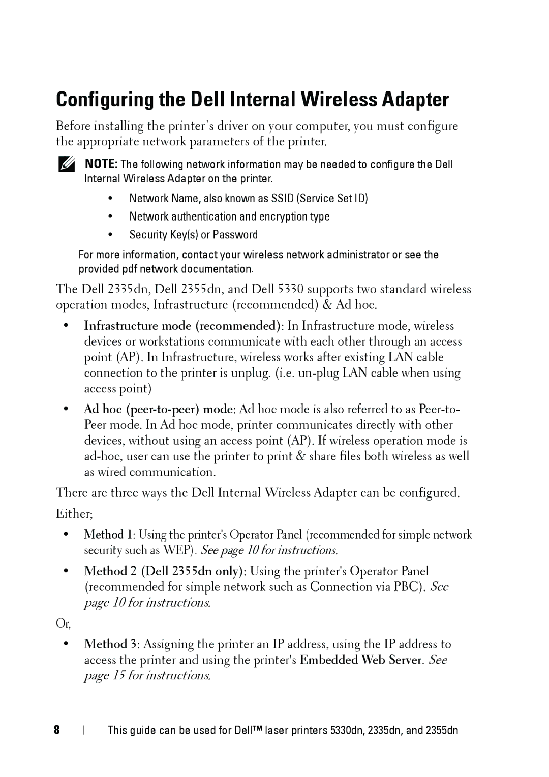 Dell 5002 manual Configuring the Dell Internal Wireless Adapter 