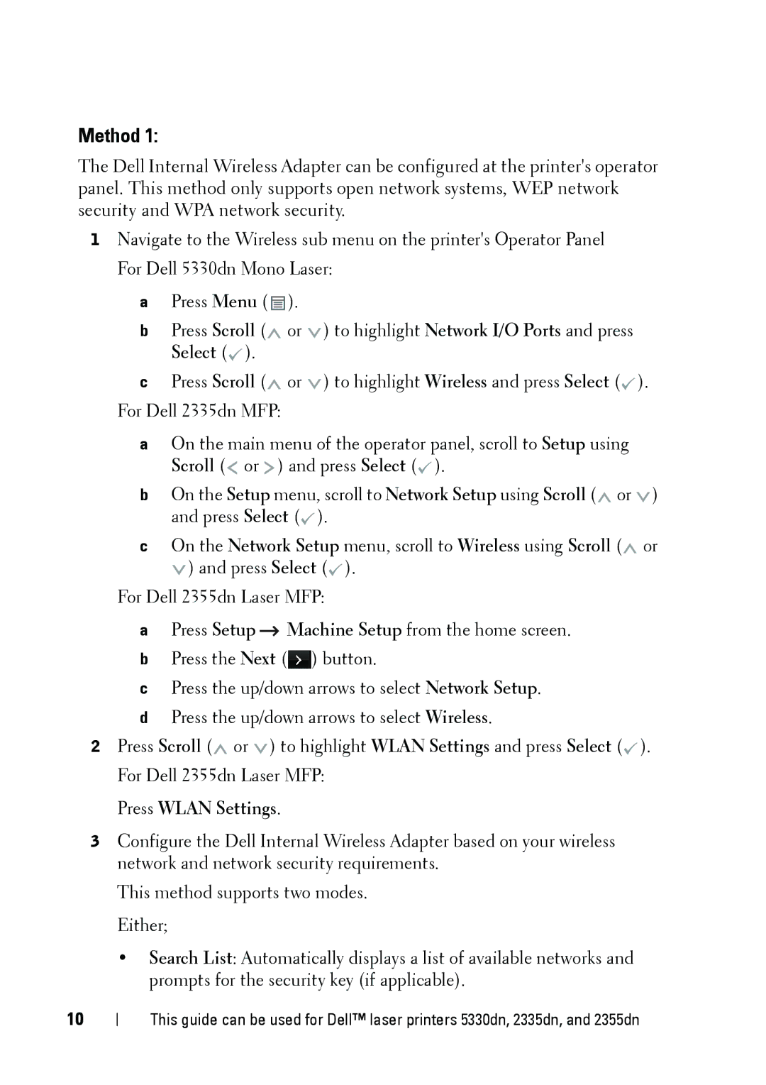 Dell 5002 manual Method, Press Wlan Settings 