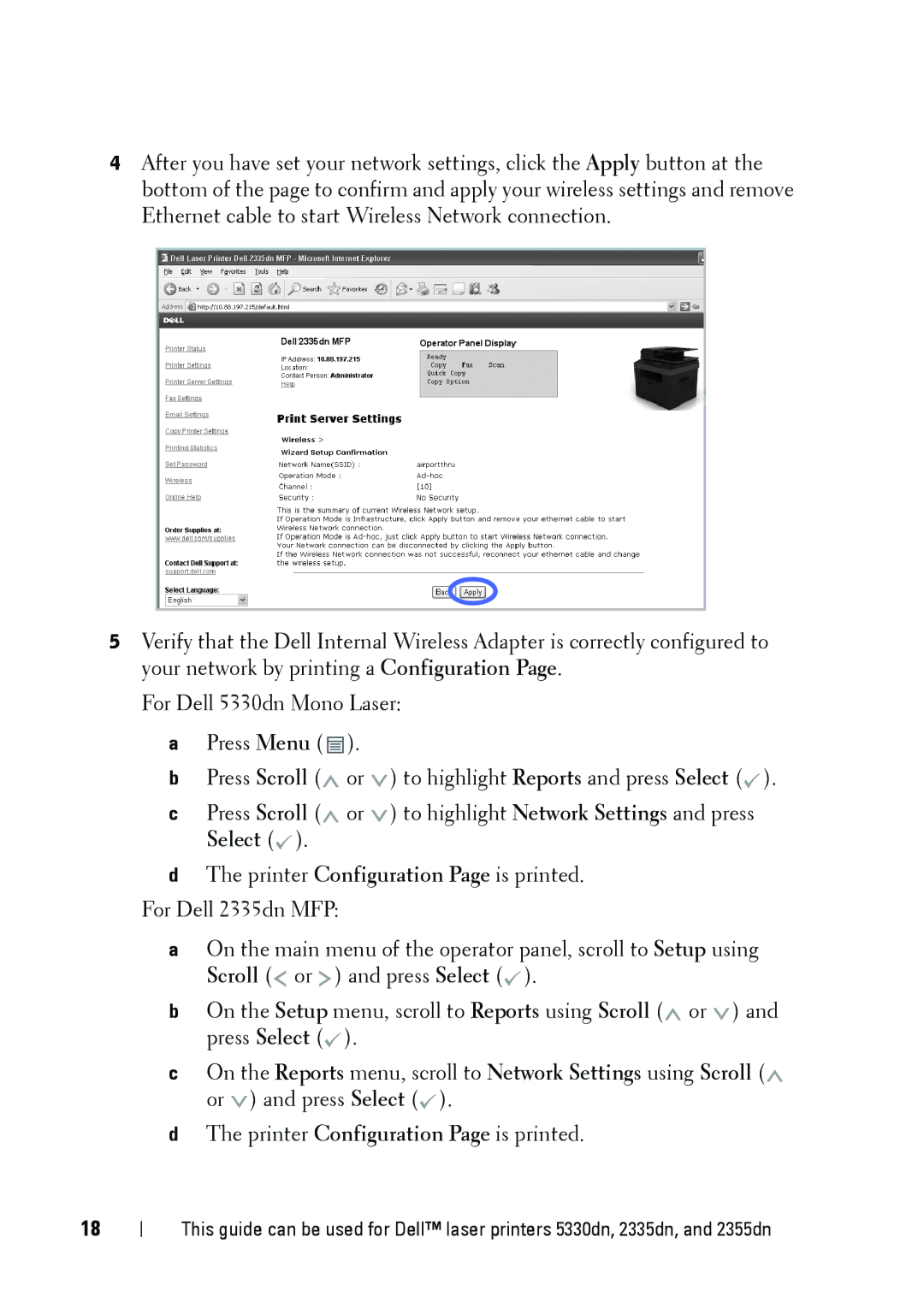 Dell 5002 manual Printer Configuration Page is printed 