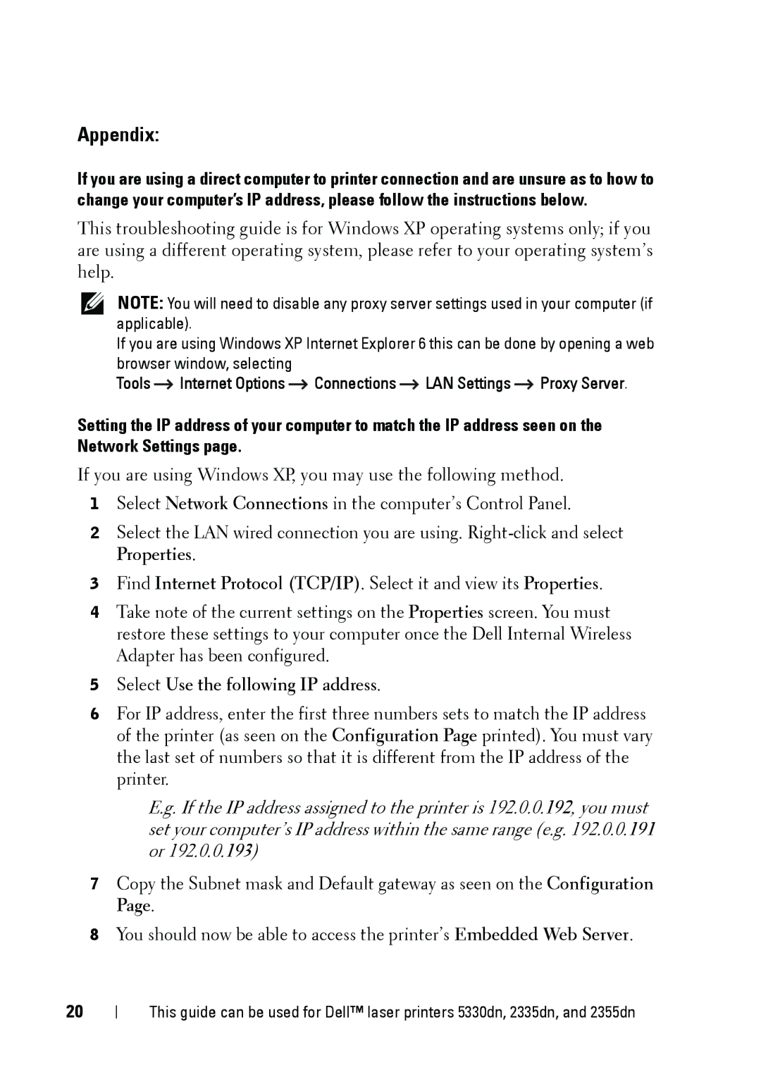 Dell 5002 manual Appendix, Select Use the following IP address 