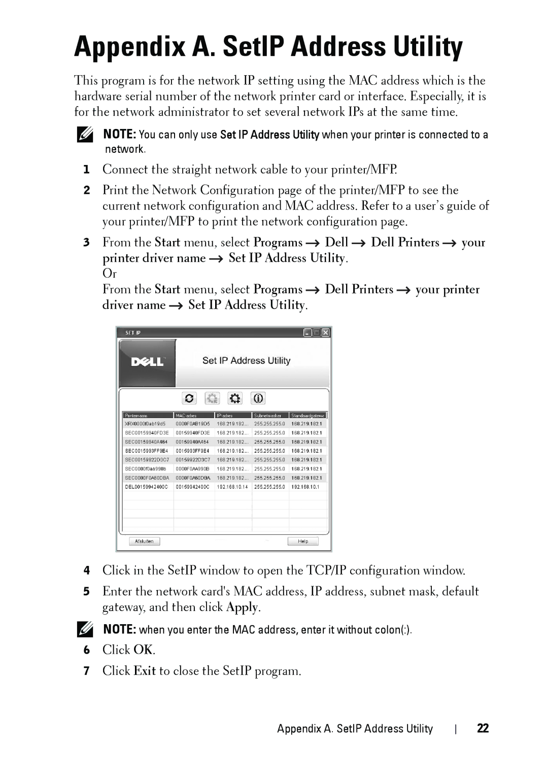 Dell 5002 manual Appendix A. SetIP Address Utility 