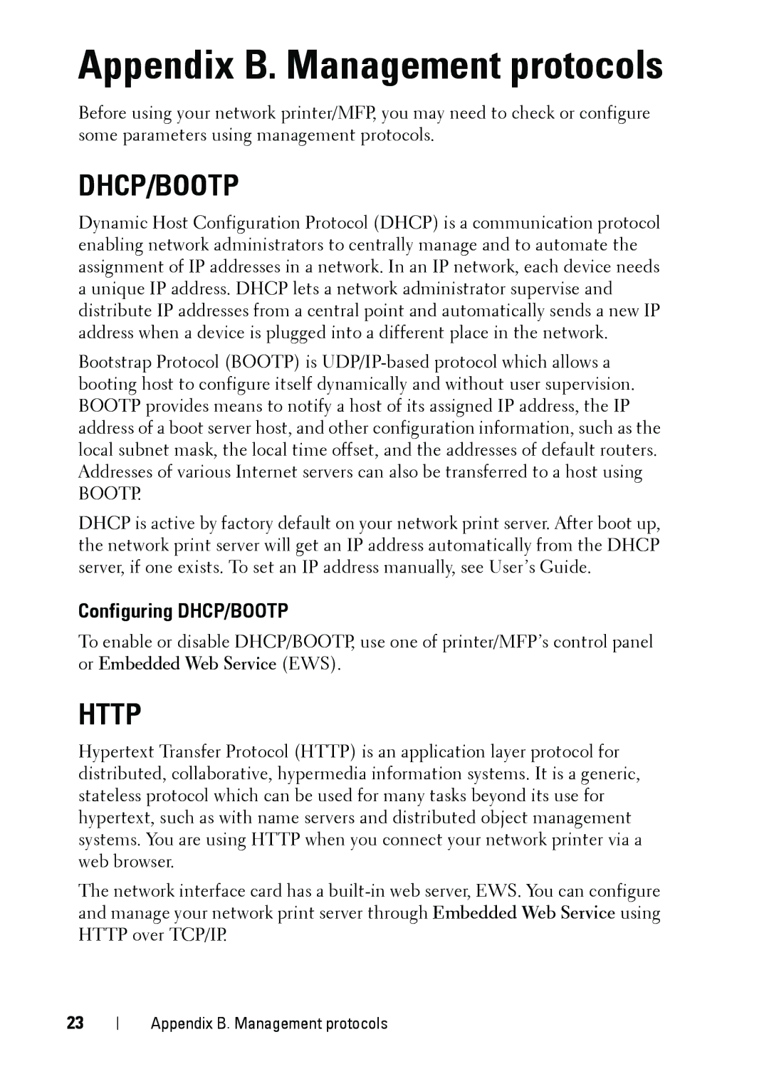 Dell 5002 manual Appendix B. Management protocols, Configuring DHCP/BOOTP 