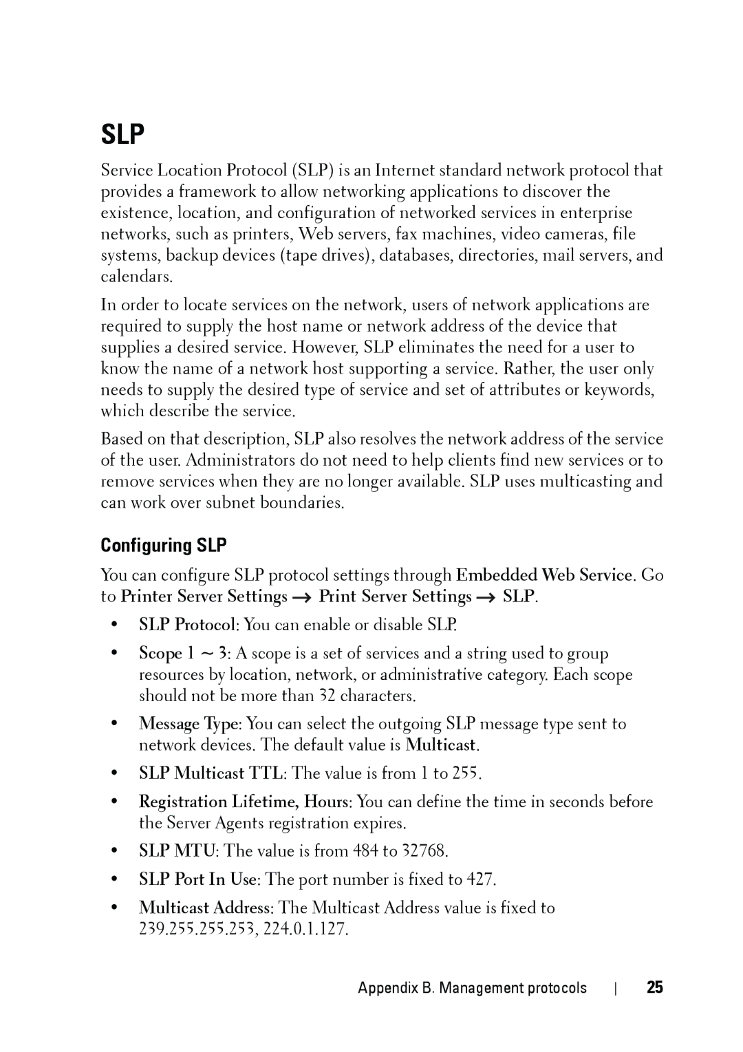 Dell 5002 manual Slp, Configuring SLP 