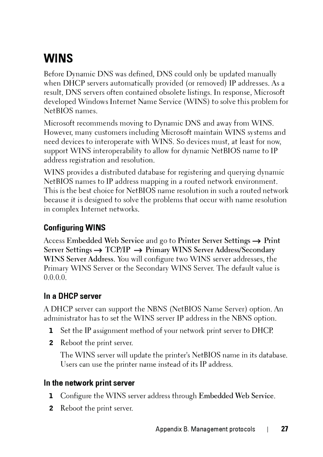 Dell 5002 manual Configuring Wins, A Dhcp server, Network print server 