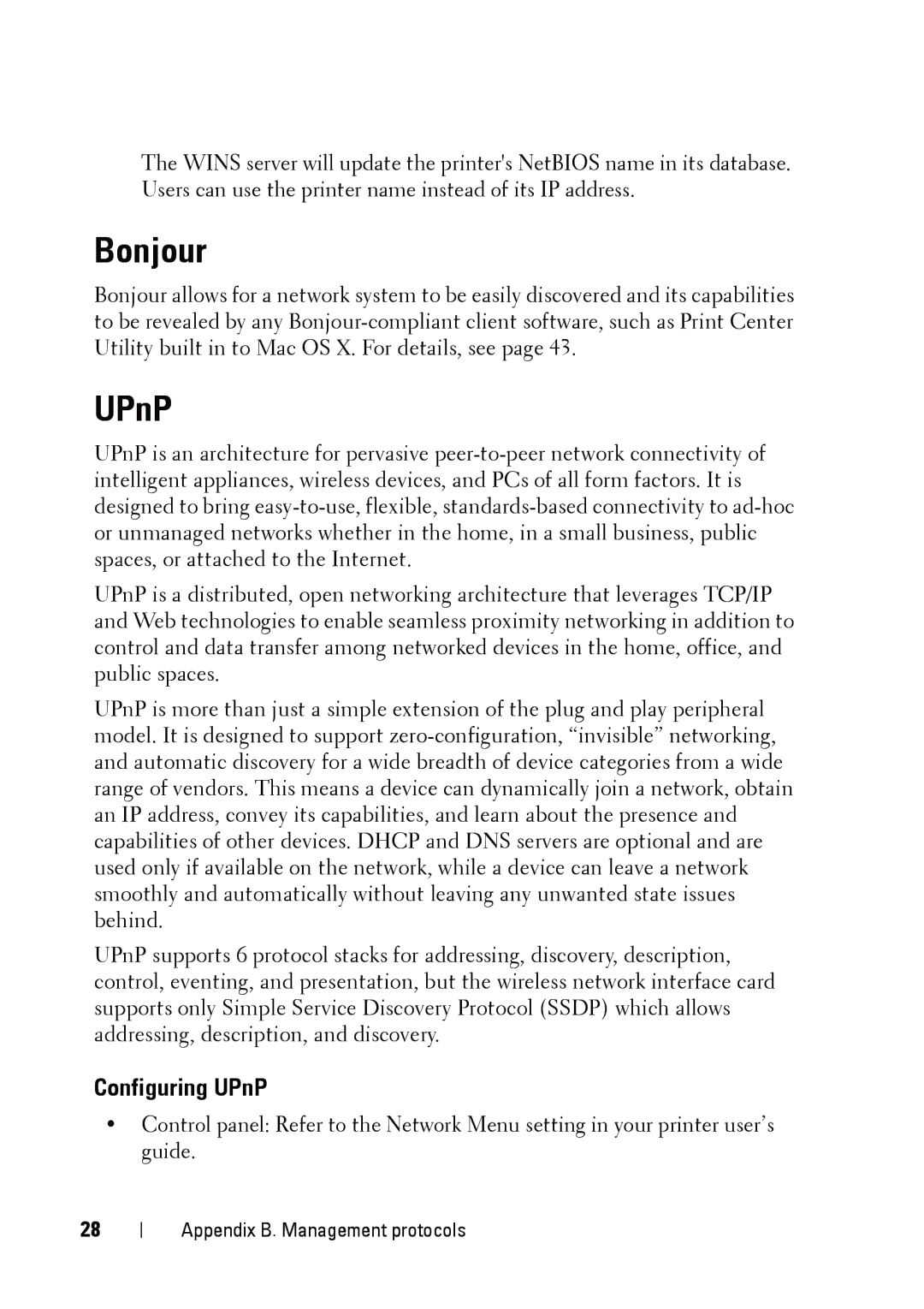 Dell 5002 manual Bonjour, Configuring UPnP 