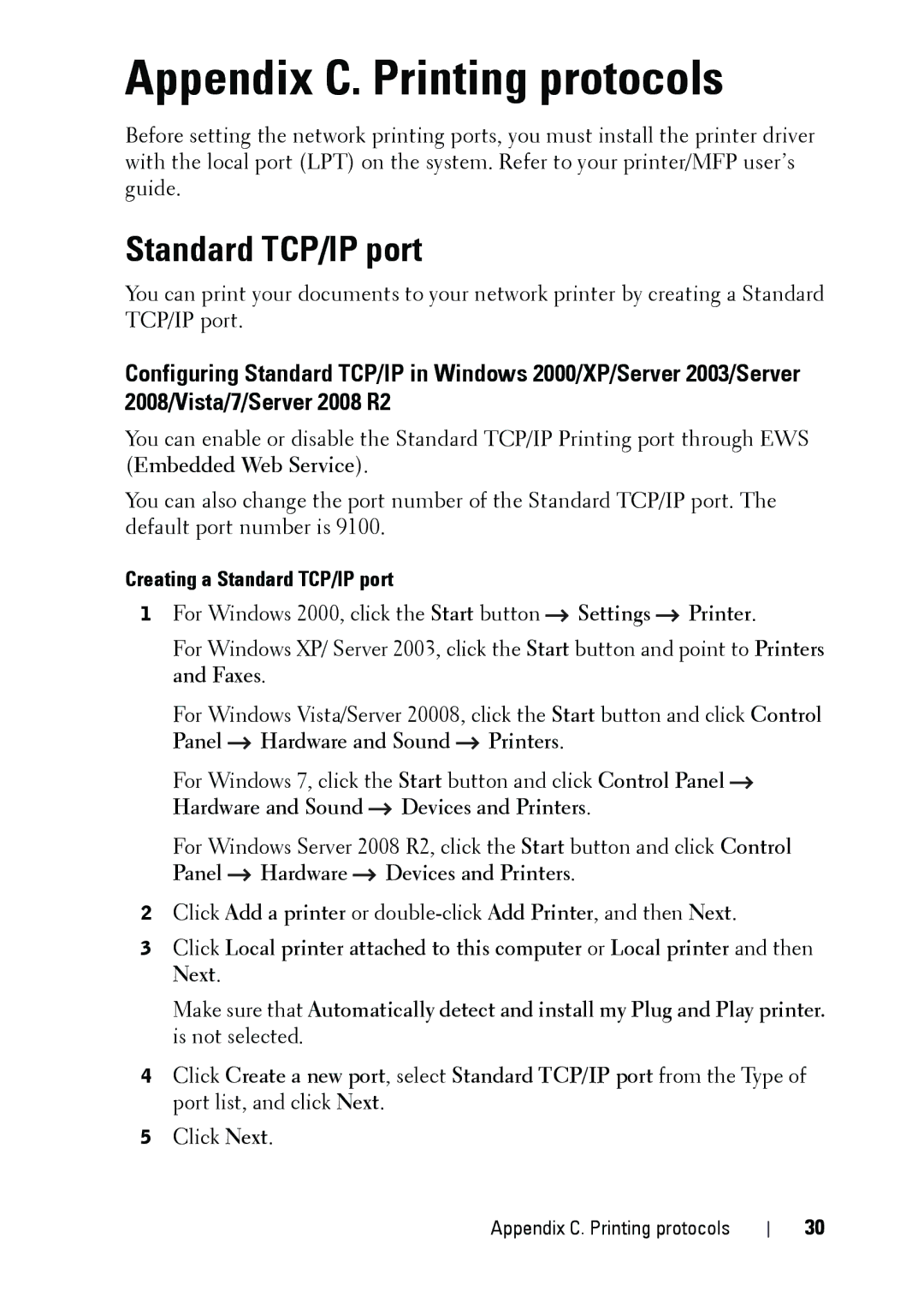 Dell 5002 manual Appendix C. Printing protocols, Standard TCP/IP port 