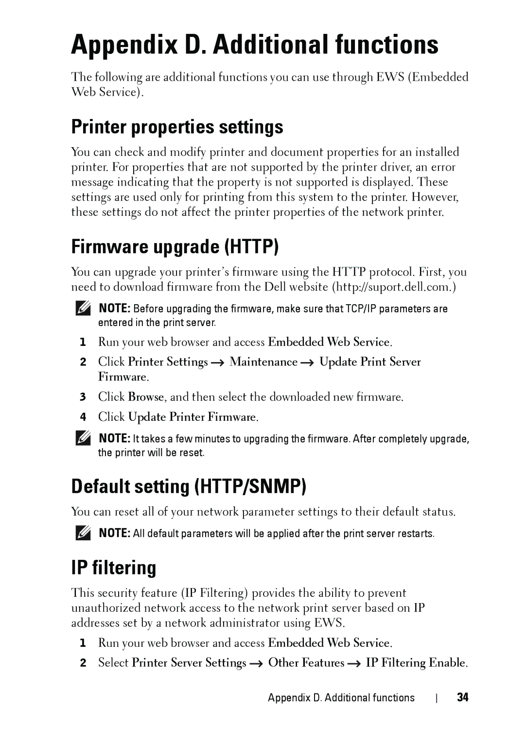 Dell 5002 Appendix D. Additional functions, Printer properties settings, Firmware upgrade Http, Default setting HTTP/SNMP 