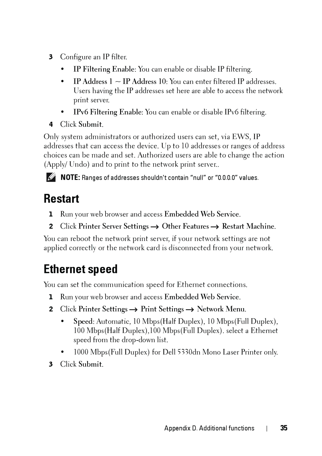 Dell 5002 manual Restart, Ethernet speed, Click Printer Settings Print Settings Network Menu 