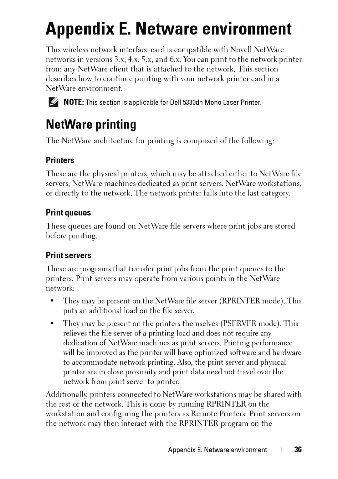 Dell 5002 manual Appendix E. Netware environment, NetWare printing, Printers, Print queues, Print servers 