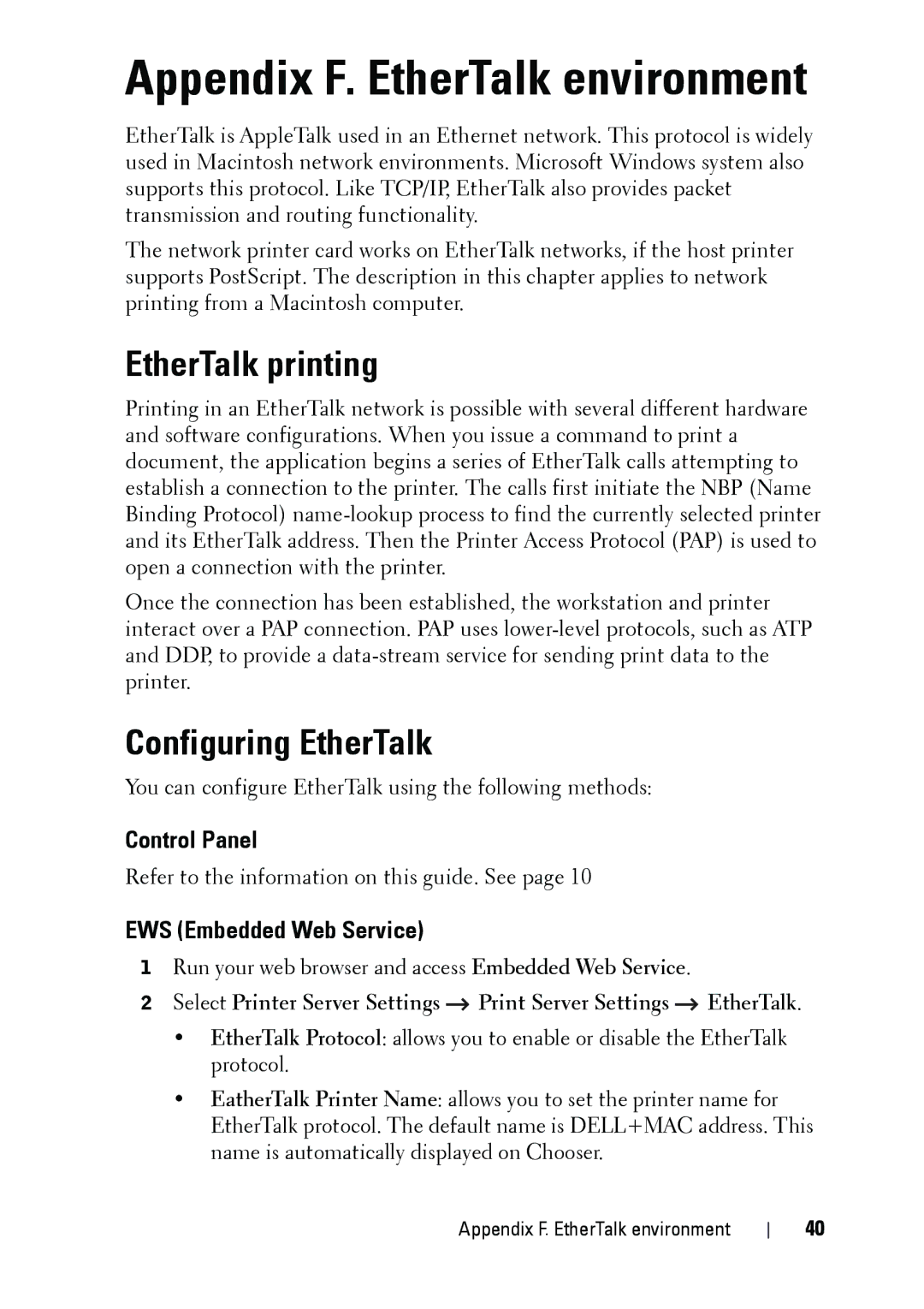 Dell 5002 manual EtherTalk printing, Configuring EtherTalk, Control Panel, EWS Embedded Web Service 