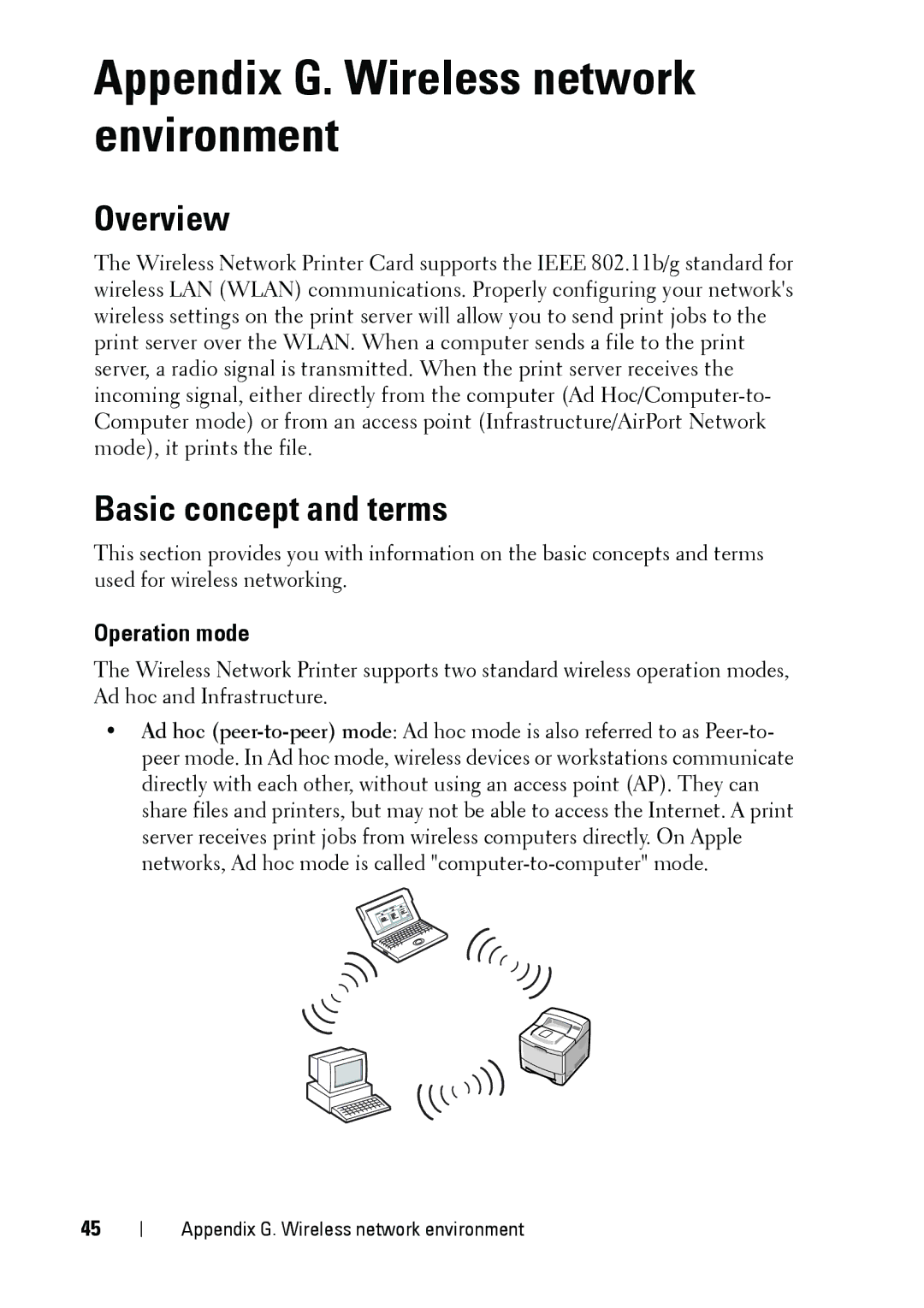 Dell 5002 manual Appendix G. Wireless network environment, Overview, Basic concept and terms, Operation mode 