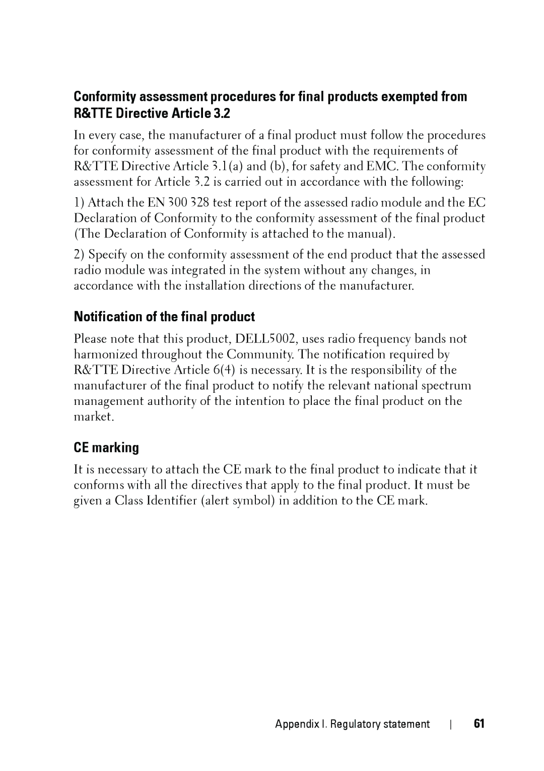 Dell 5002 manual Notification of the final product, CE marking 