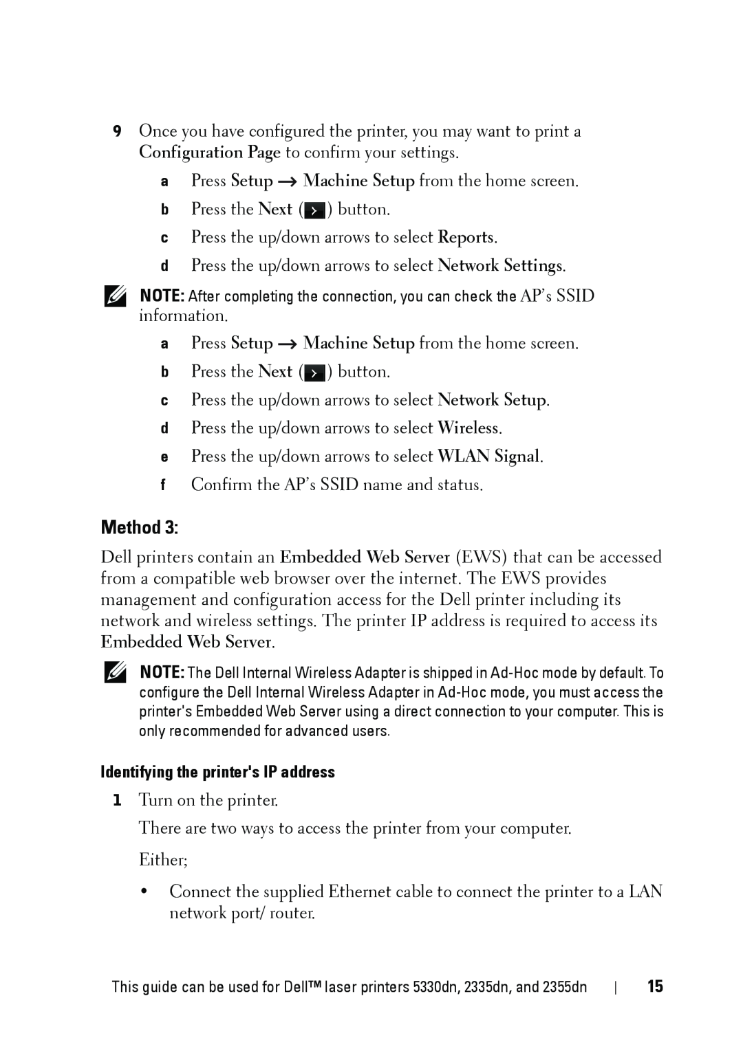 Dell 5002 manual Identifying the printers IP address, Method 