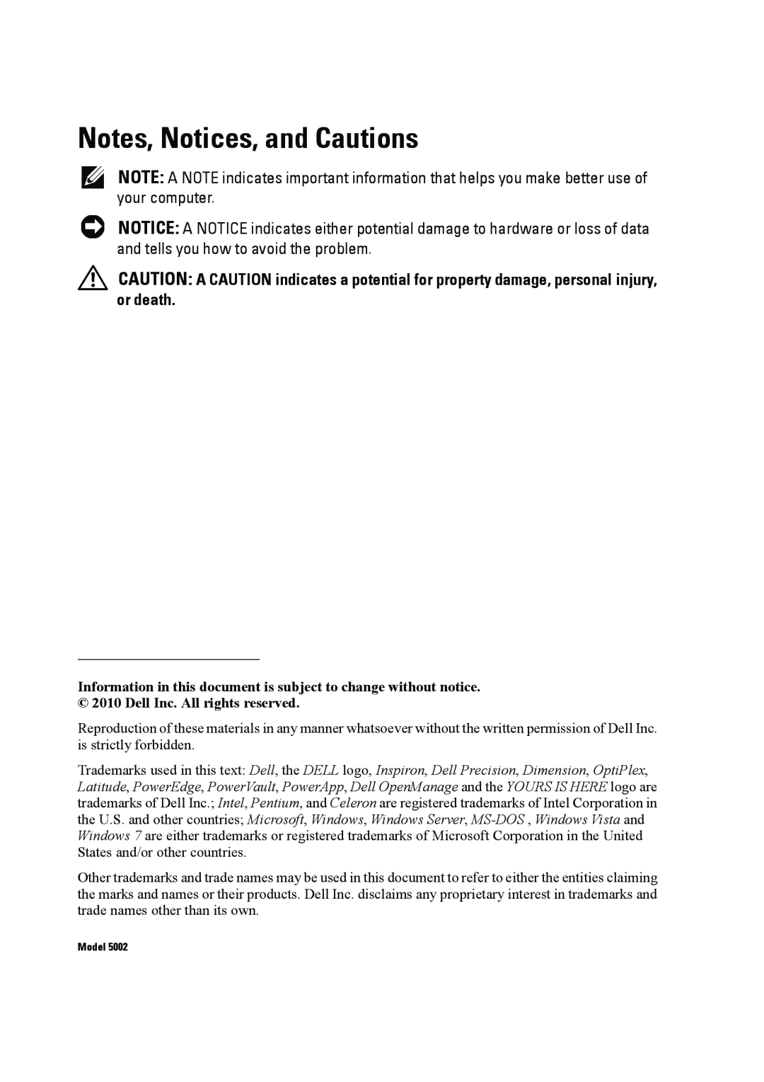 Dell 5002 manual Notes, Notices, and Cautions 