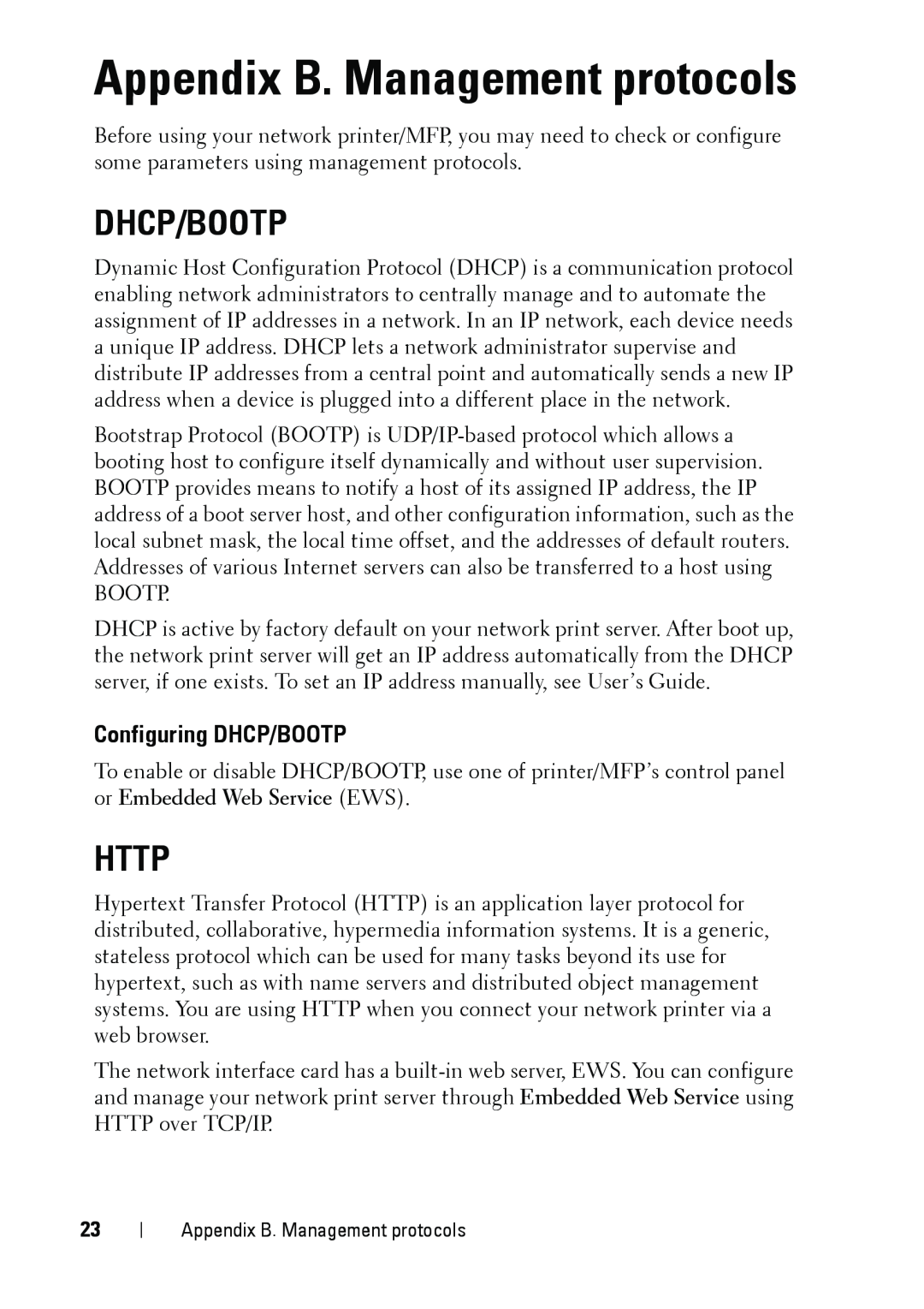 Dell 5002 manual Appendix B. Management protocols, Dhcp/Bootp, Http, Configuring DHCP/BOOTP 