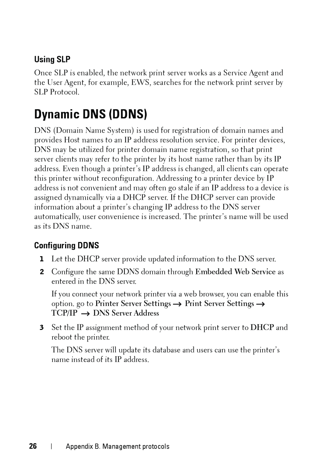 Dell 5002 manual Dynamic DNS DDNS, Using SLP, Configuring DDNS, TCP/IP DNS Server Address 