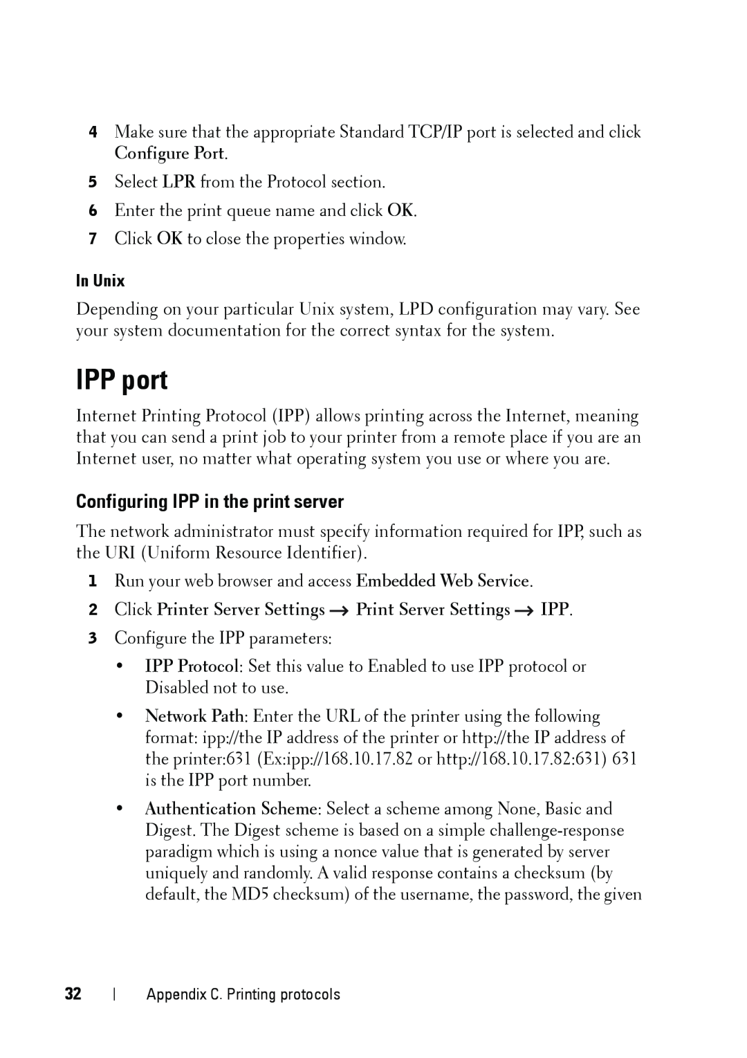 Dell 5002 IPP port, Configuring IPP in the print server, In Unix, Click Printer Server Settings Print Server Settings IPP 