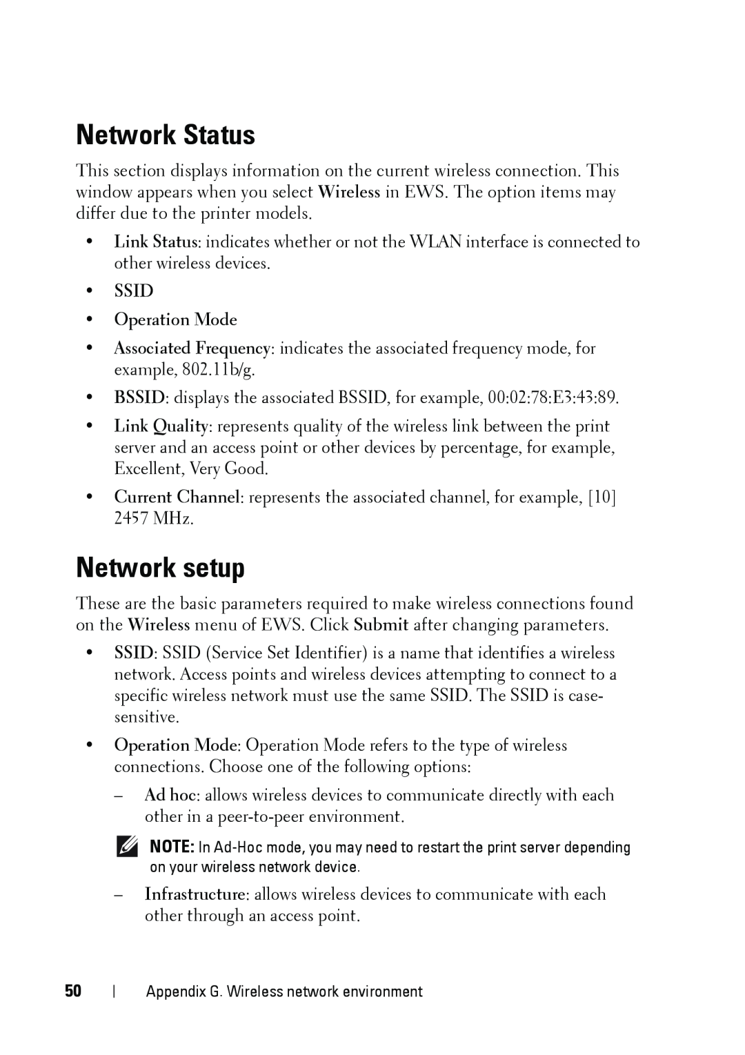 Dell 5002 manual Network Status, Network setup, SSID Operation Mode 
