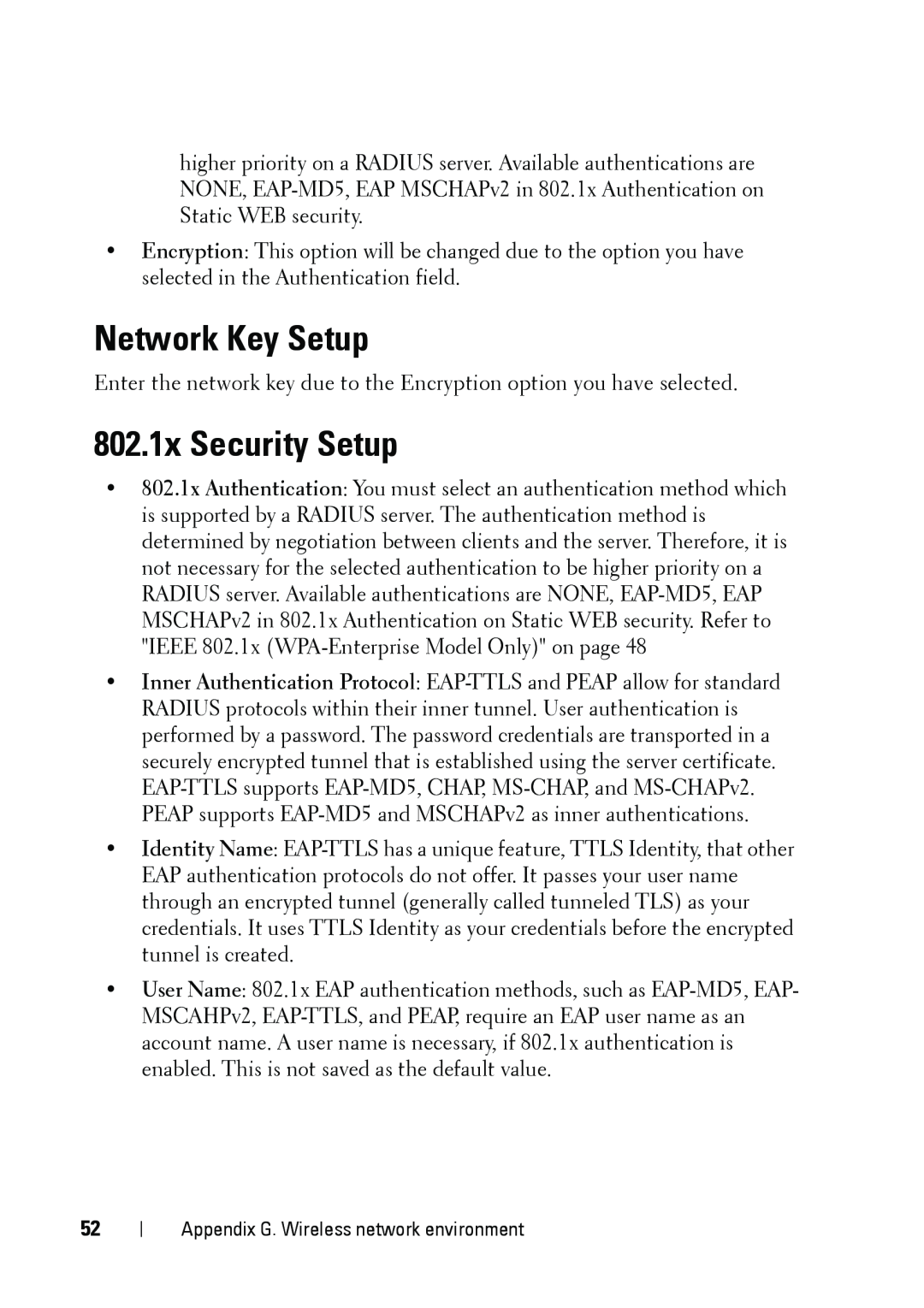 Dell 5002 manual Network Key Setup, 802.1x Security Setup 