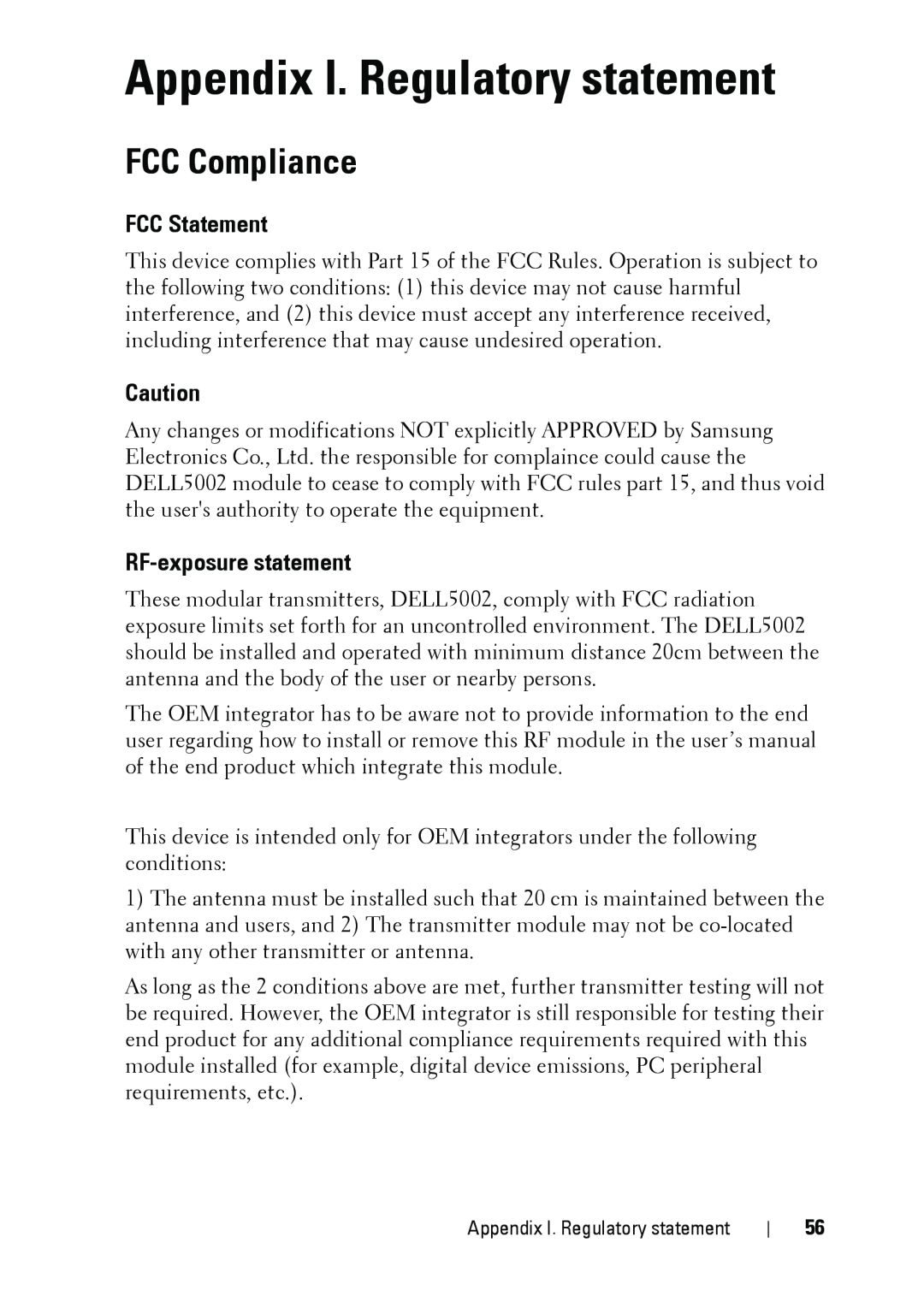 Dell 5002 manual Appendix I. Regulatory statement, FCC Compliance, FCC Statement, RF-exposure statement 