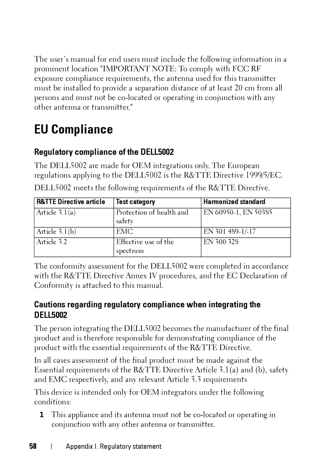 Dell manual EU Compliance, Regulatory compliance of the DELL5002 