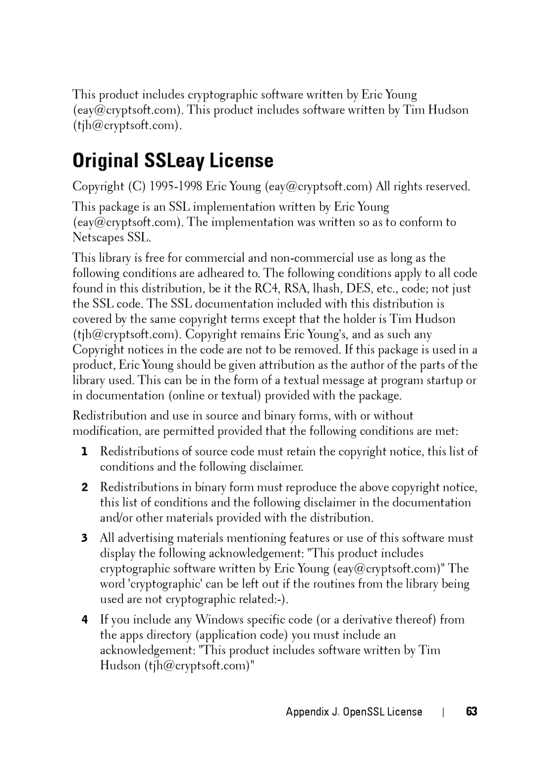 Dell 5002 manual Original SSLeay License, Appendix J. OpenSSL License 