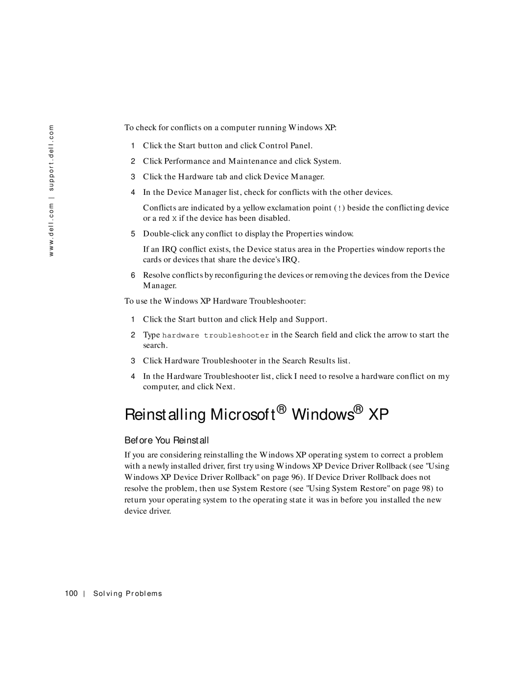 Dell 500m manual Reinstalling Microsoft Windows XP, Before You Reinstall, Solving Problems 