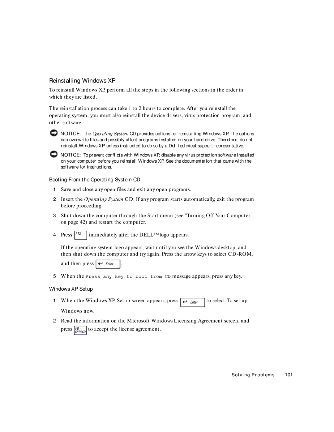 Dell 500m manual Reinstalling Windows XP, Booting From the Operating System CD, Windows XP Setup, Solving Problems 101 