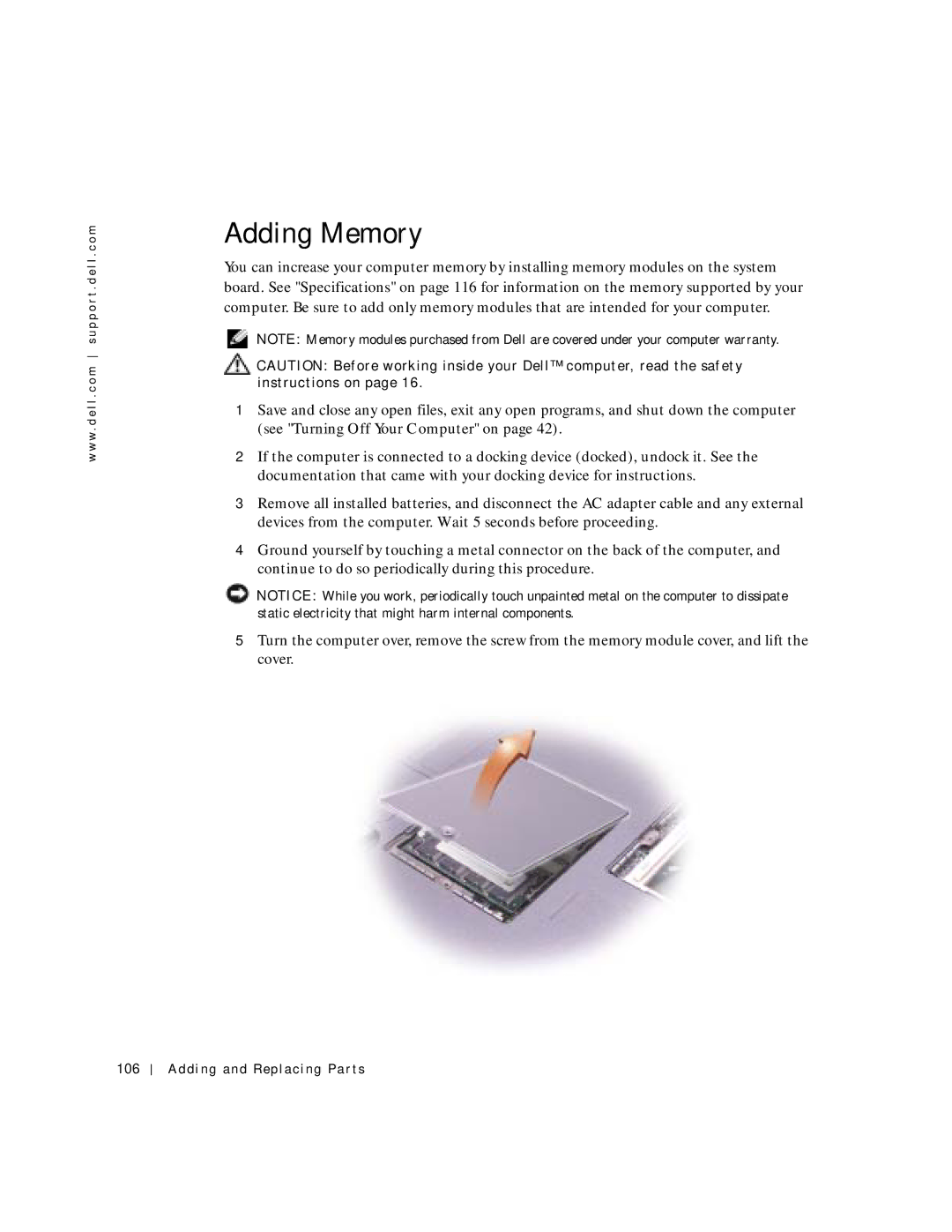 Dell 500m manual Adding Memory, Adding and Replacing Parts 